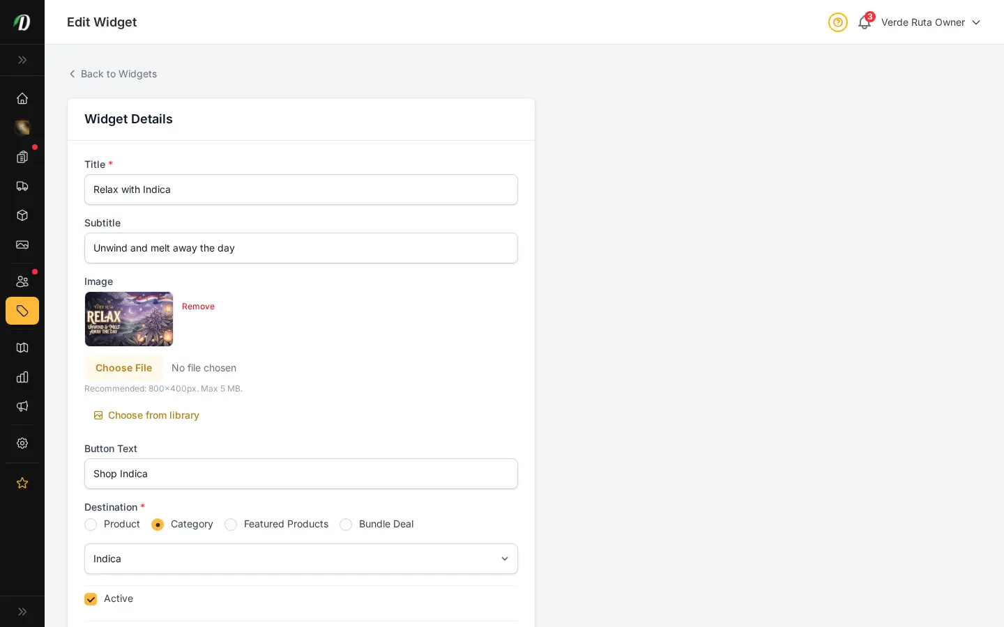 Editor de widgets de DabDash mostrando título, imagen, texto del botón, destino y controles de visibilidad