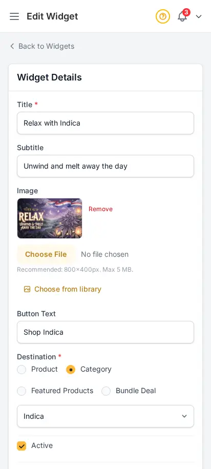 Editor de widgets de DabDash mostrando título, imagen, texto del botón, destino y controles de visibilidad — vista móvil
