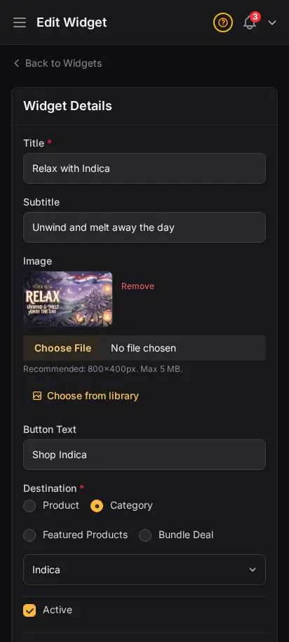 Editor de widgets de DabDash mostrando título, imagen, texto del botón, destino y controles de visibilidad — vista móvil