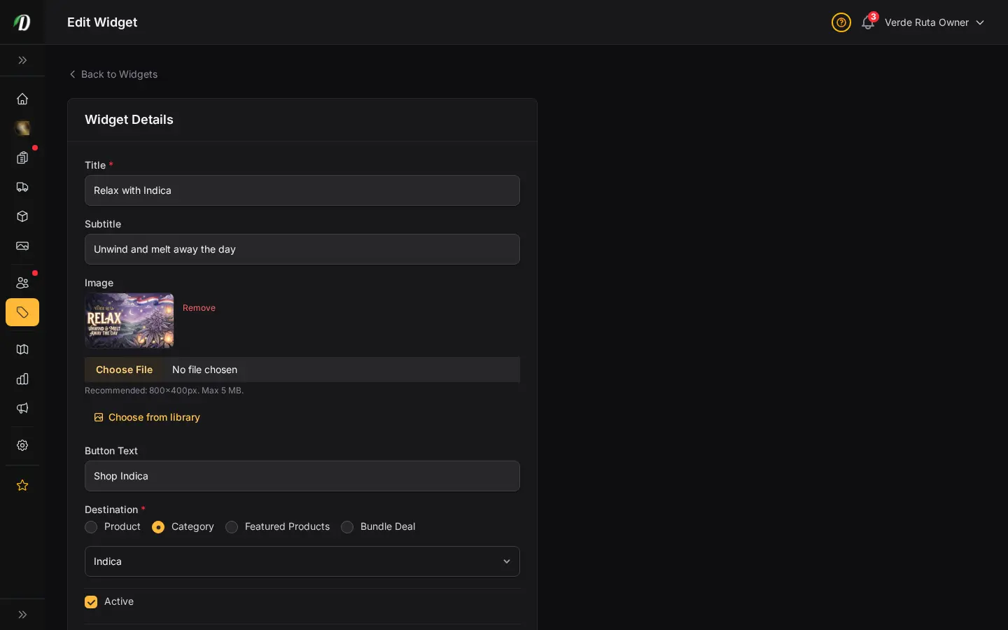 Editor de widgets de DabDash mostrando título, imagen, texto del botón, destino y controles de visibilidad