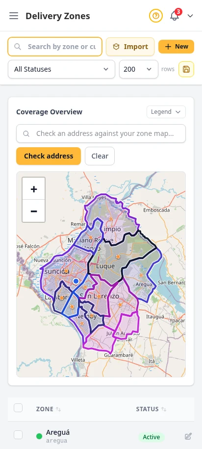 DabDash delivery zones page showing existing zones, fees, minimums, and coverage details — mobile view
