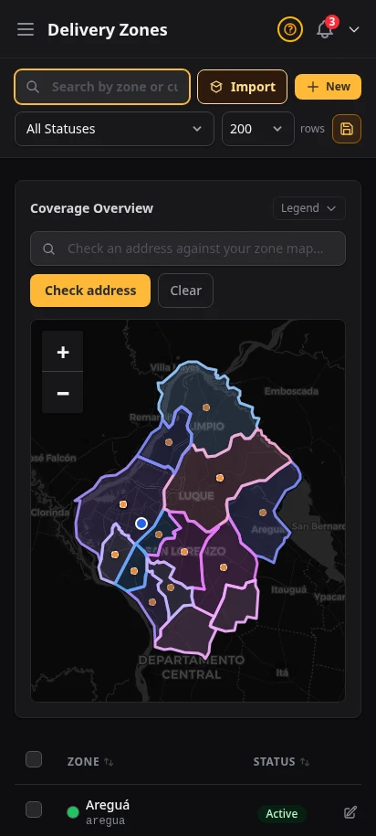 DabDash delivery zones page showing existing zones, fees, minimums, and coverage details — mobile view