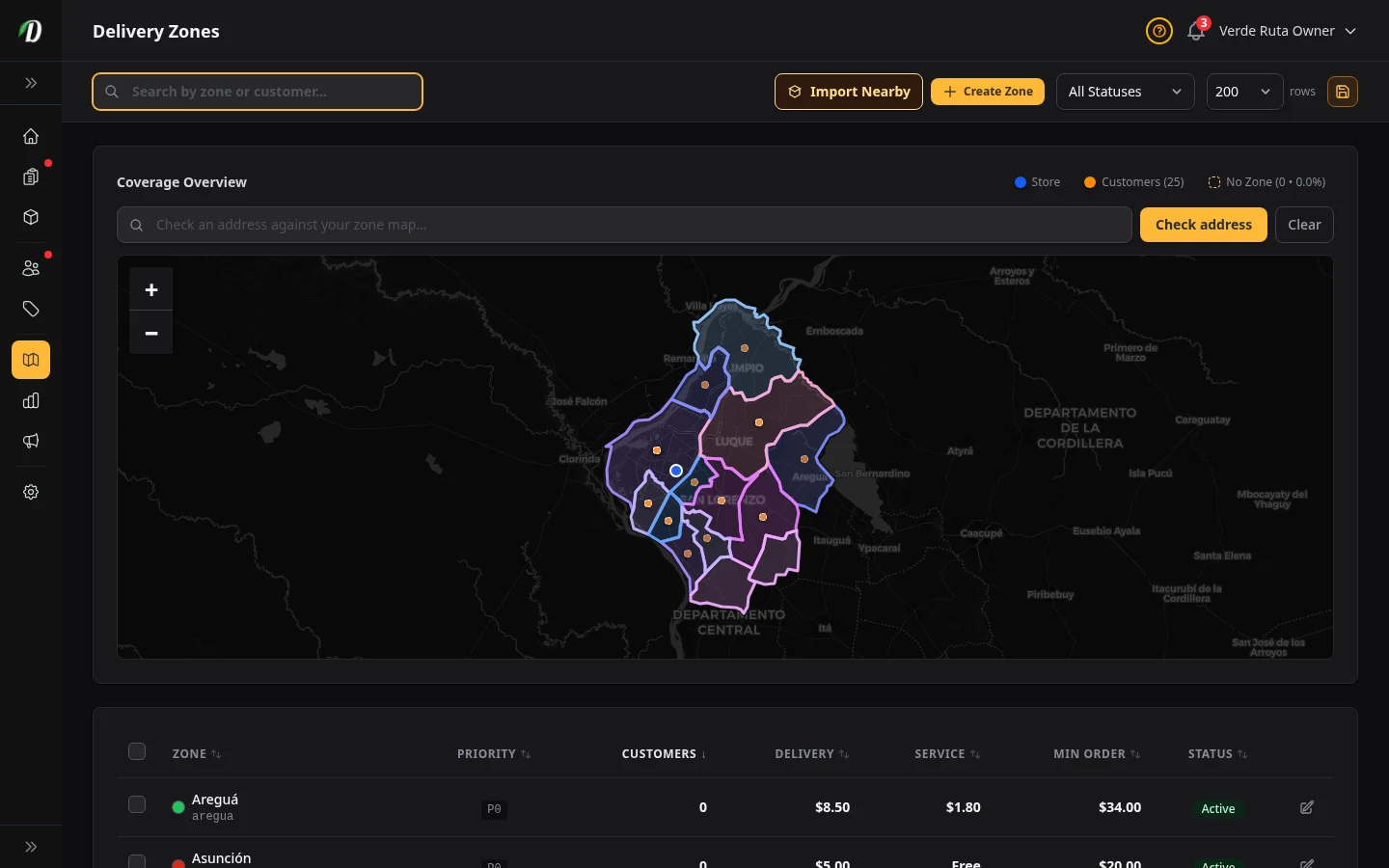 DabDash delivery zones page showing existing zones, fees, minimums, and coverage details