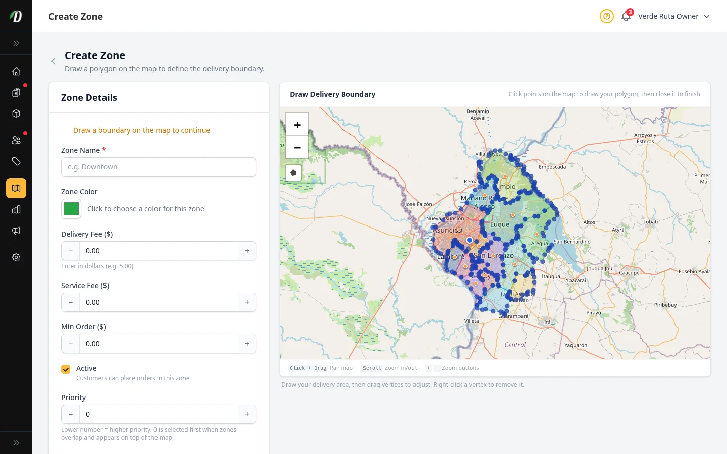 DabDash add delivery zone page showing map drawing tools and delivery fee fields