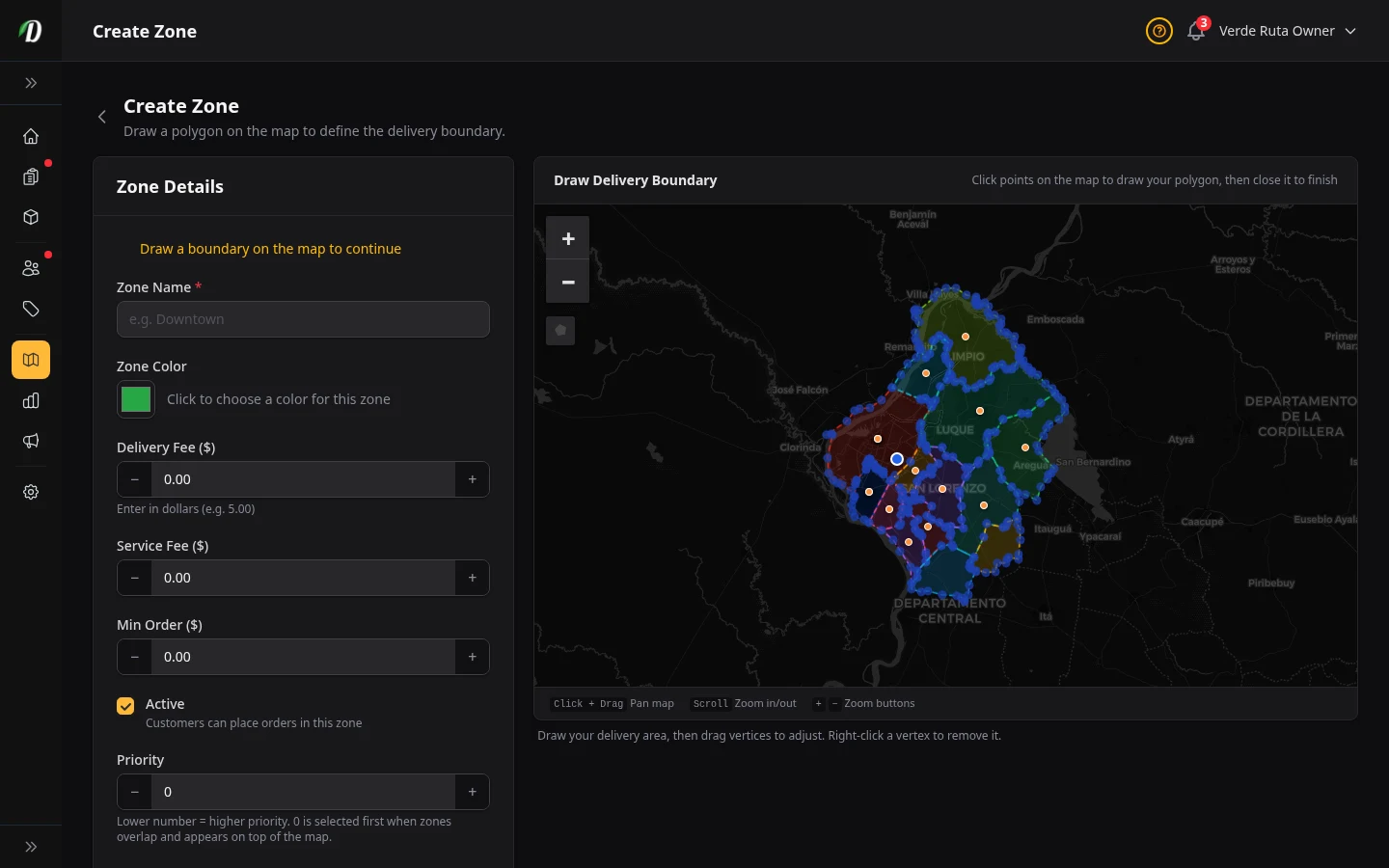 DabDash add delivery zone page showing map drawing tools and delivery fee fields