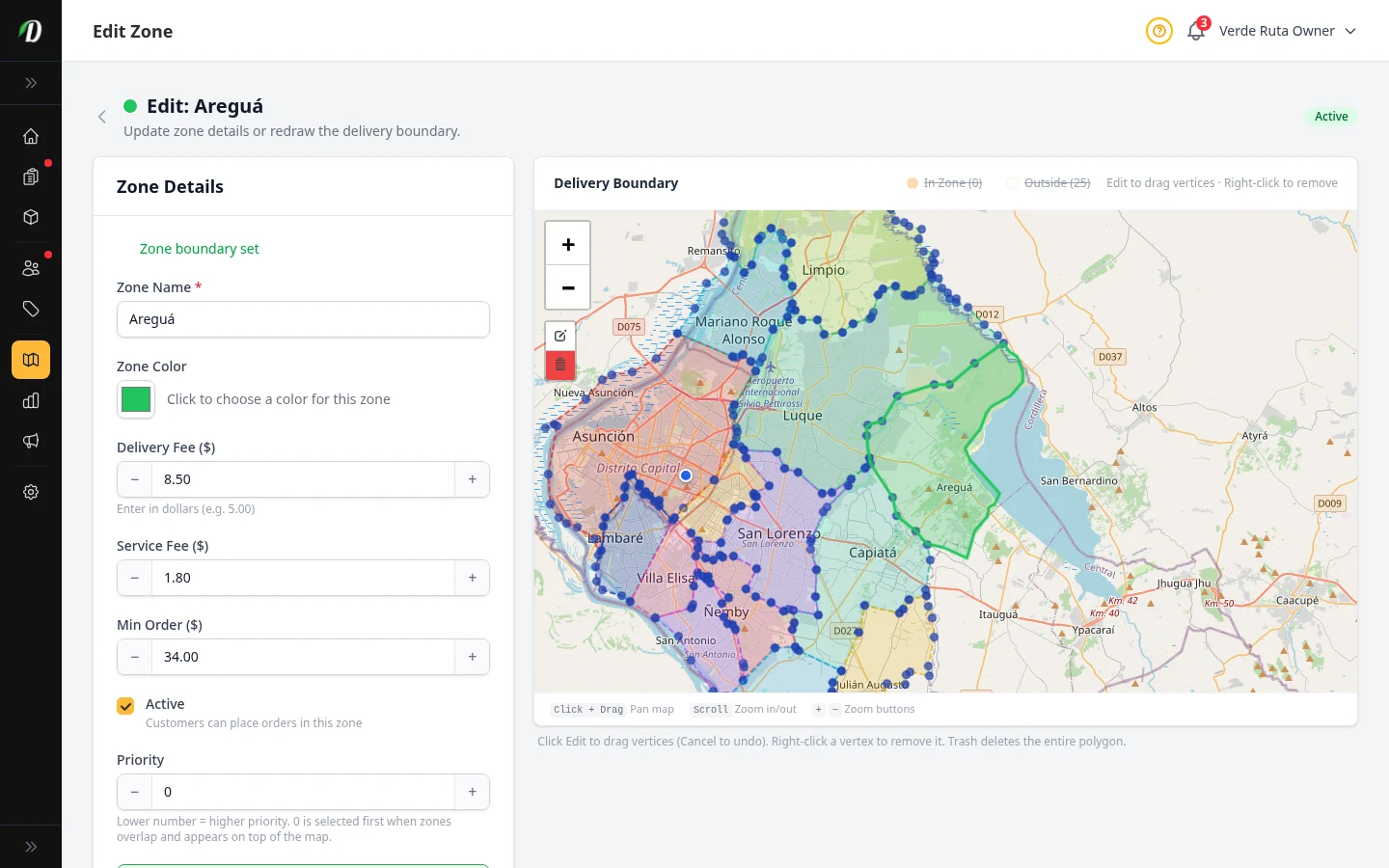 DabDash delivery zone editor showing a drawn map, fee settings, and active controls