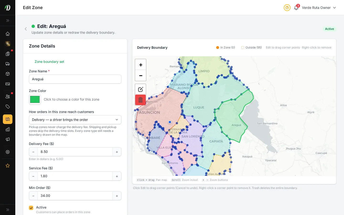 Editor de zona de reparto de DabDash mostrando un mapa trazado, configuración de tarifas y controles activos