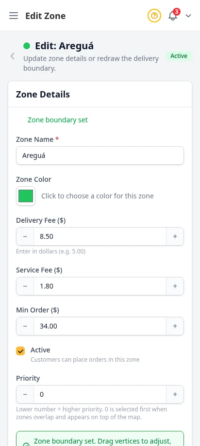DabDash delivery zone editor showing a drawn map, fee settings, and active controls — mobile view