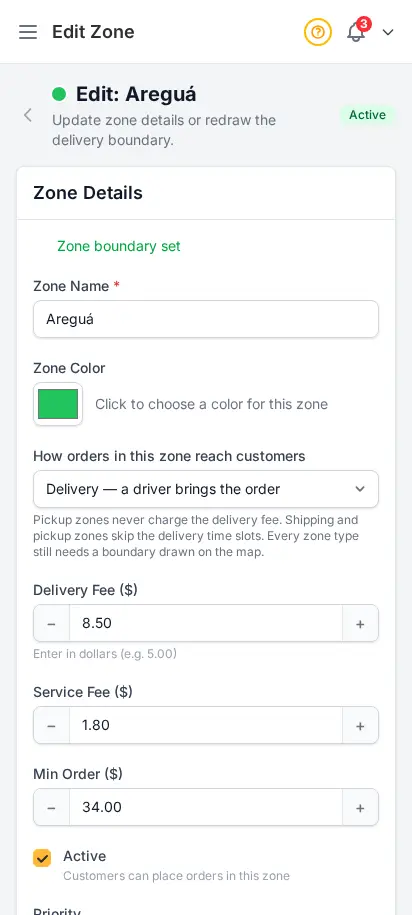 Editor de zona de reparto de DabDash mostrando un mapa trazado, configuración de tarifas y controles activos — vista móvil