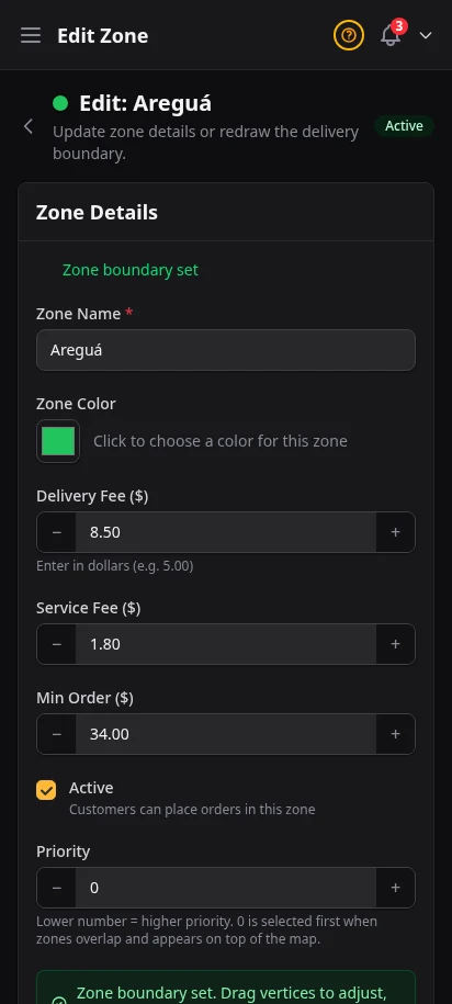 DabDash delivery zone editor showing a drawn map, fee settings, and active controls — mobile view