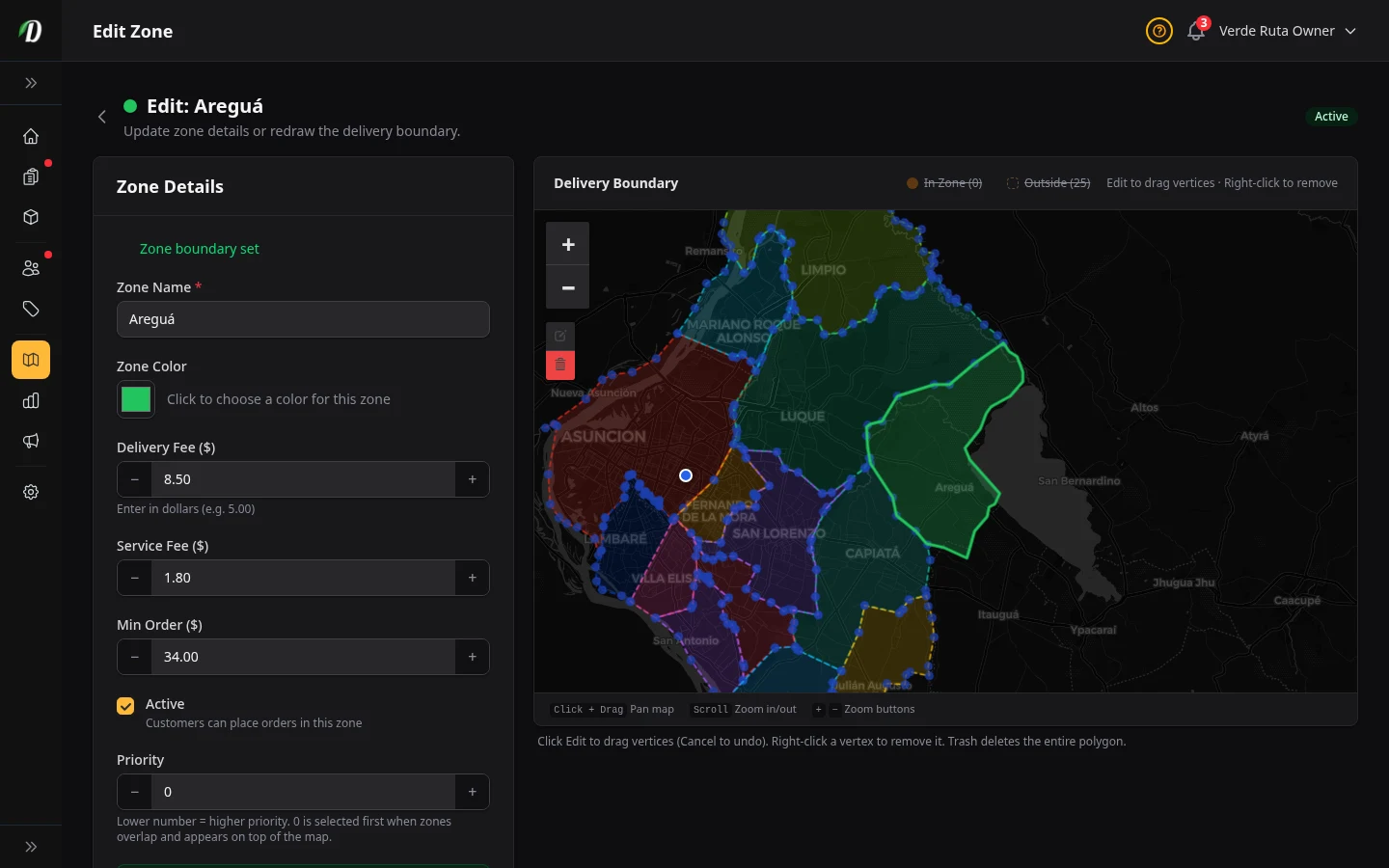 DabDash delivery zone editor showing a drawn map, fee settings, and active controls