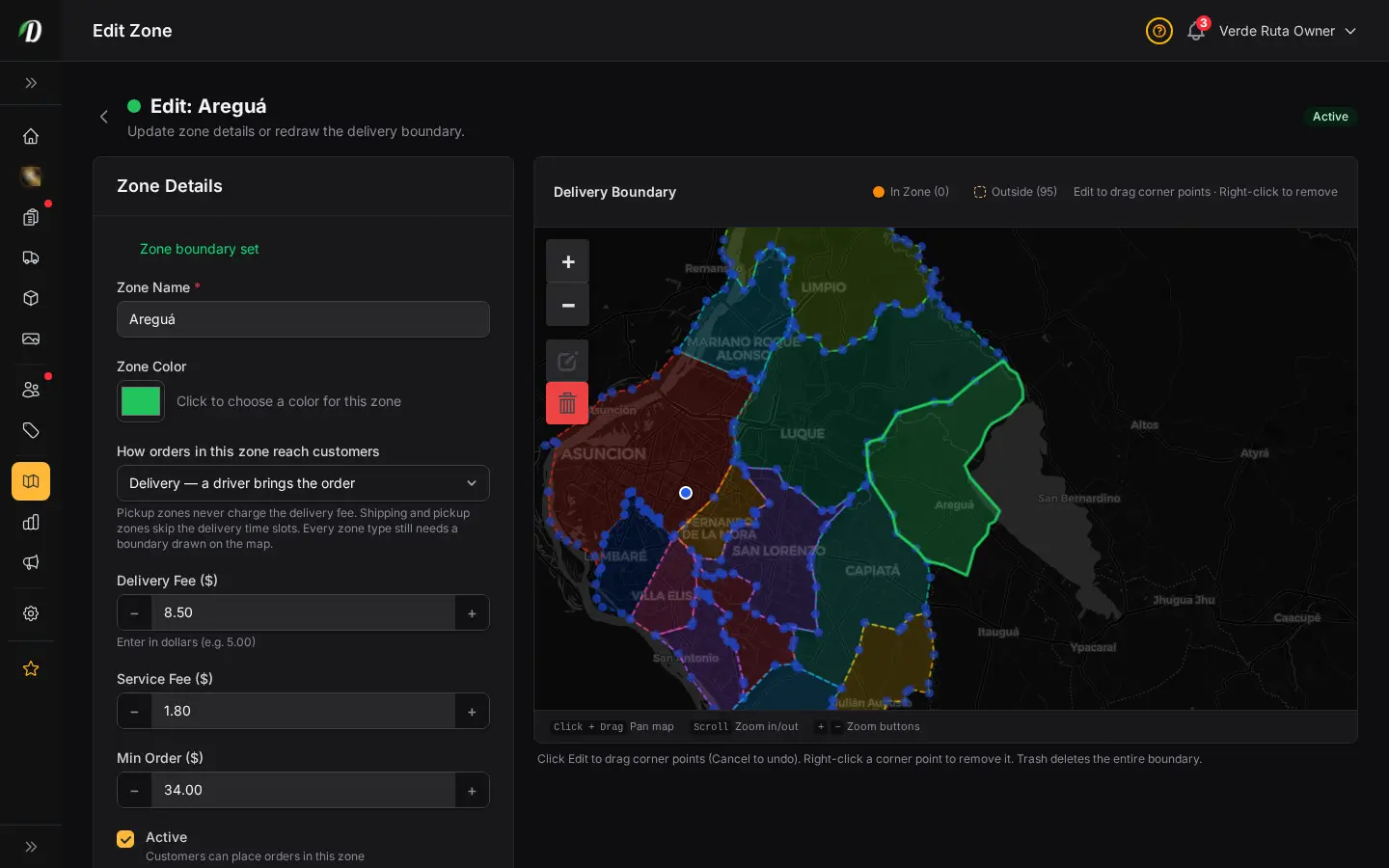 Editor de zona de reparto de DabDash mostrando un mapa trazado, configuración de tarifas y controles activos