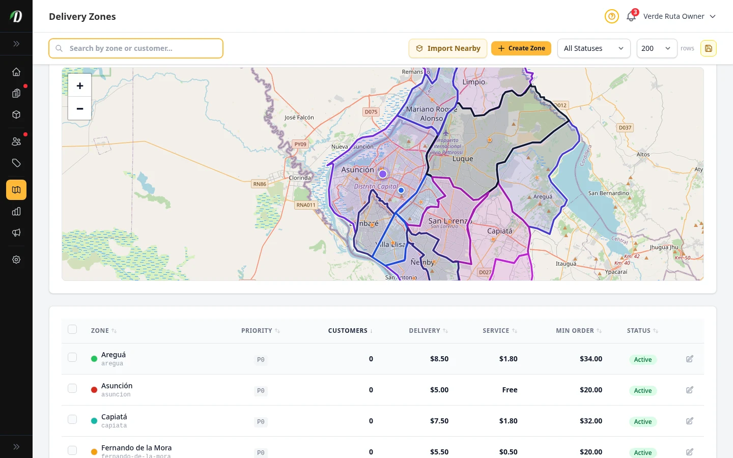 DabDash delivery zones coverage check showing a tested address dropped on the map with a matching zone overlay