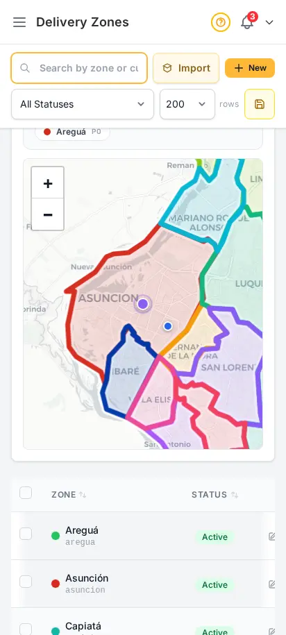 Verificación de cobertura de zonas de DabDash mostrando una dirección de prueba en el mapa con superposición de zona coincidente — vista móvil