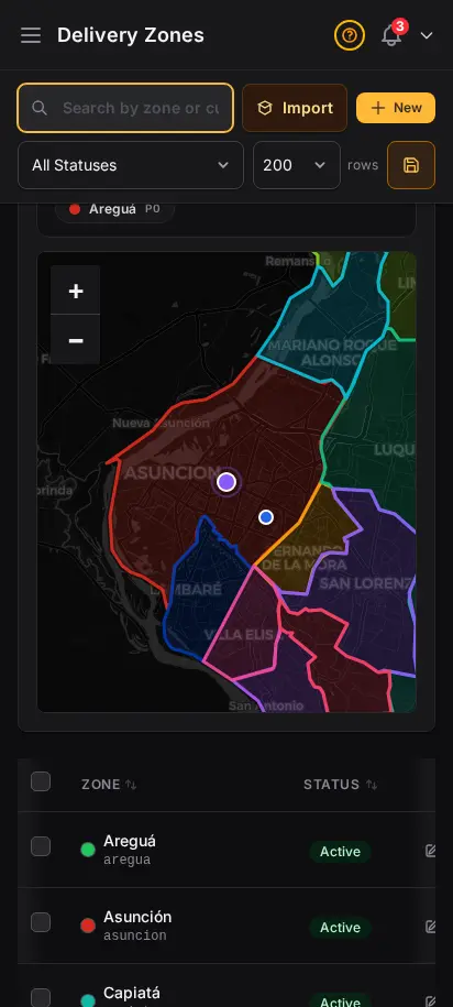 Verificación de cobertura de zonas de DabDash mostrando una dirección de prueba en el mapa con superposición de zona coincidente — vista móvil