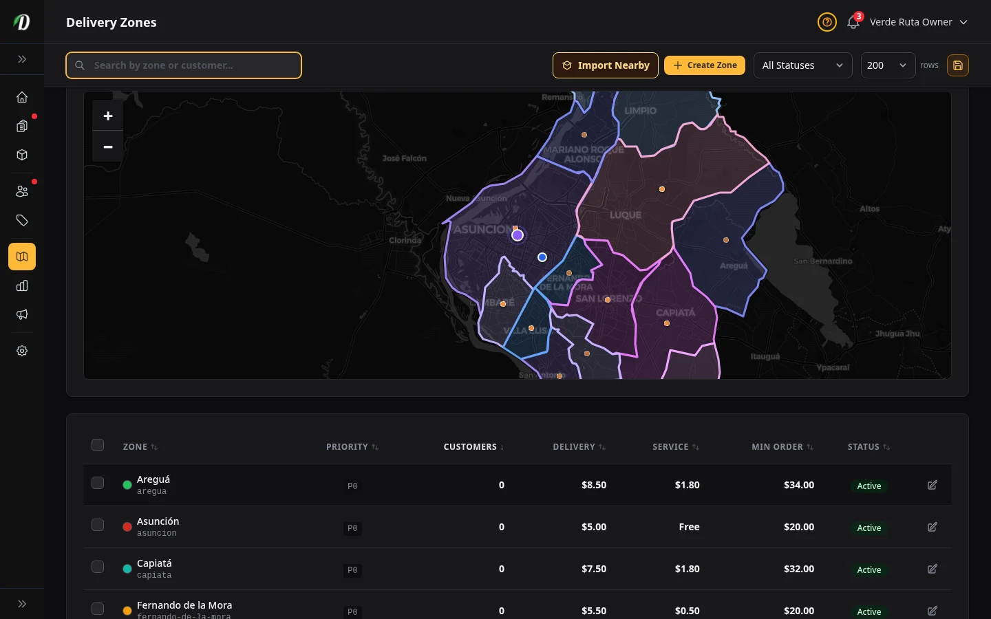 DabDash delivery zones coverage check showing a tested address dropped on the map with a matching zone overlay